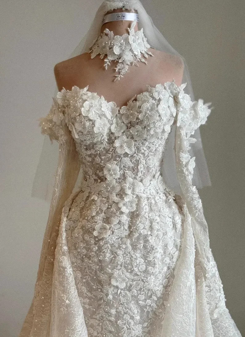 New Luxury Detachable Wedding Dresses Off Shoulder 3D Floral Lace Beaded Mermaid