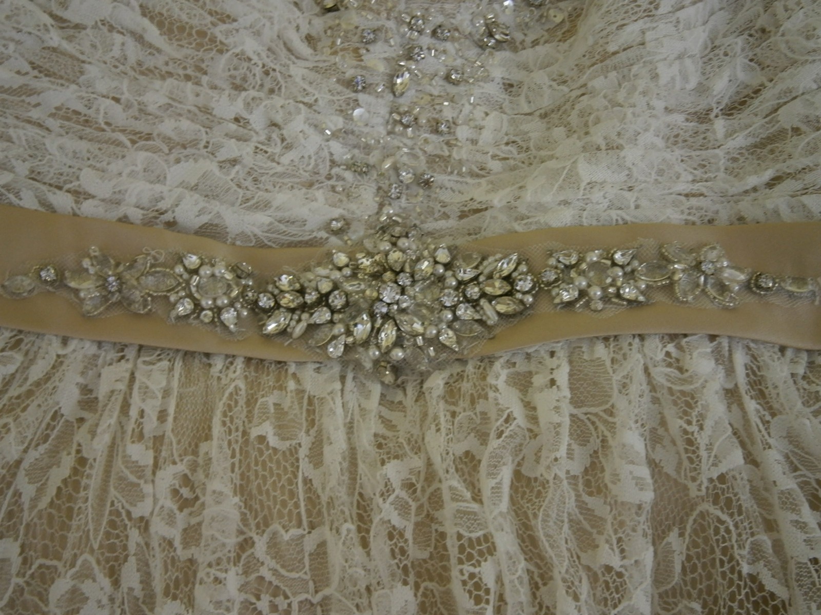 Ambiance Adela 16 Wedding Gown Dress Sample Ivory Champagne Lace Belt Beaded NWT