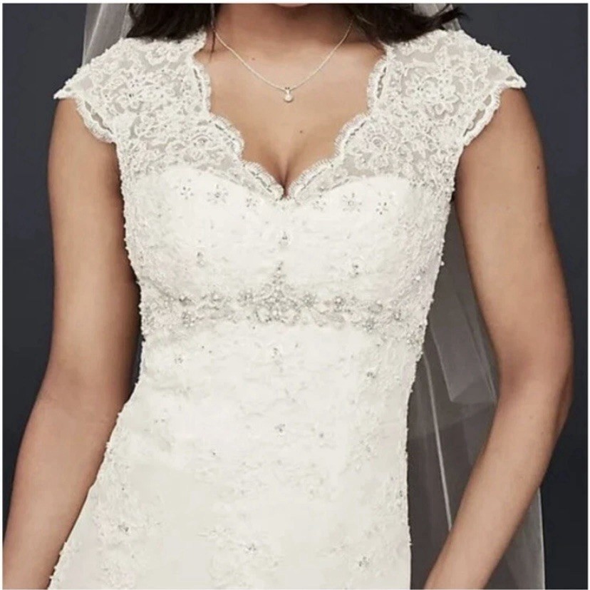 David’s Bridal Ivory Cap Sleeve Lace Over Satin A-Line Wedding Dress 16 petite