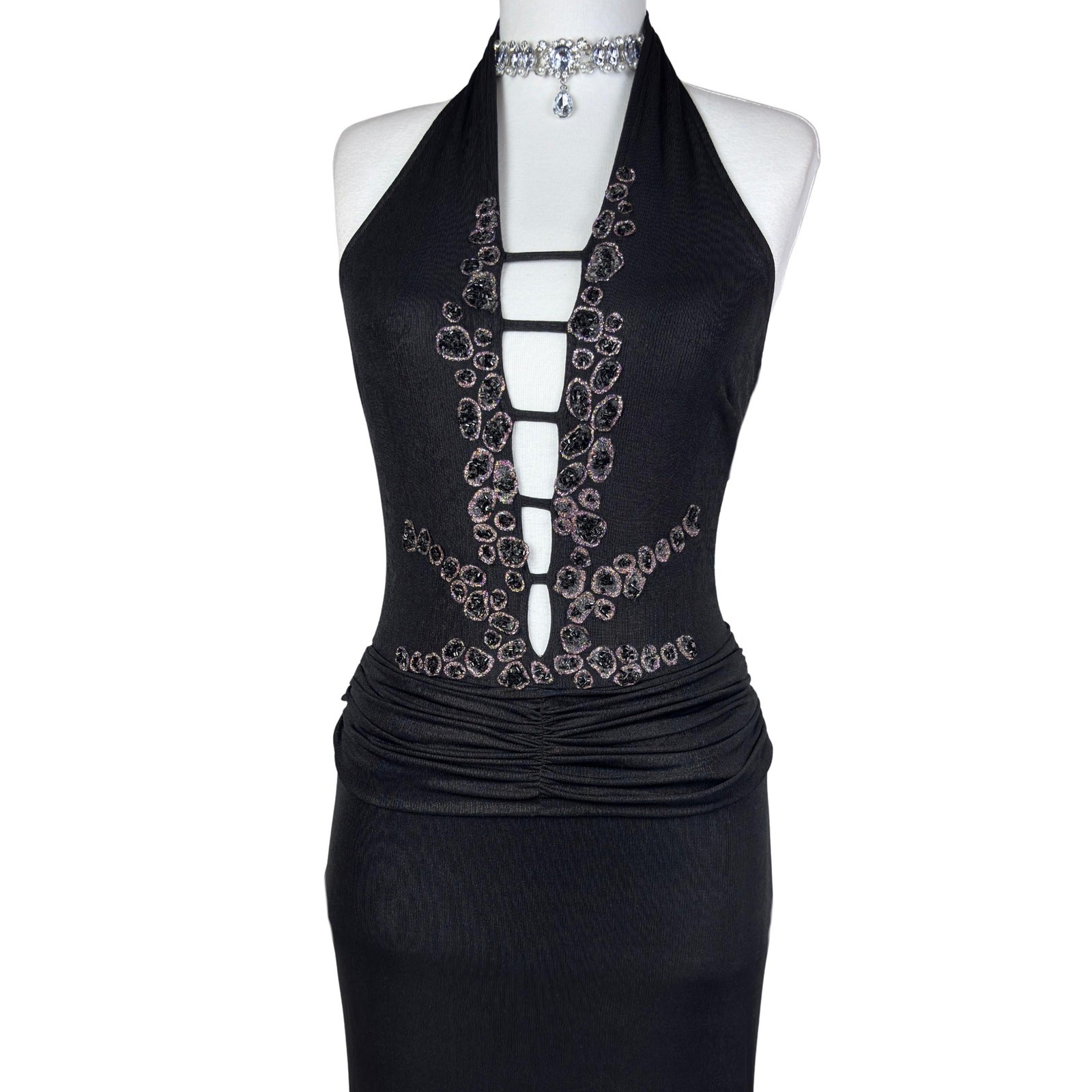 Y2K Black Halter Maxi Dress: Rhinestone Embellished, Deep Plunge, Bodycon