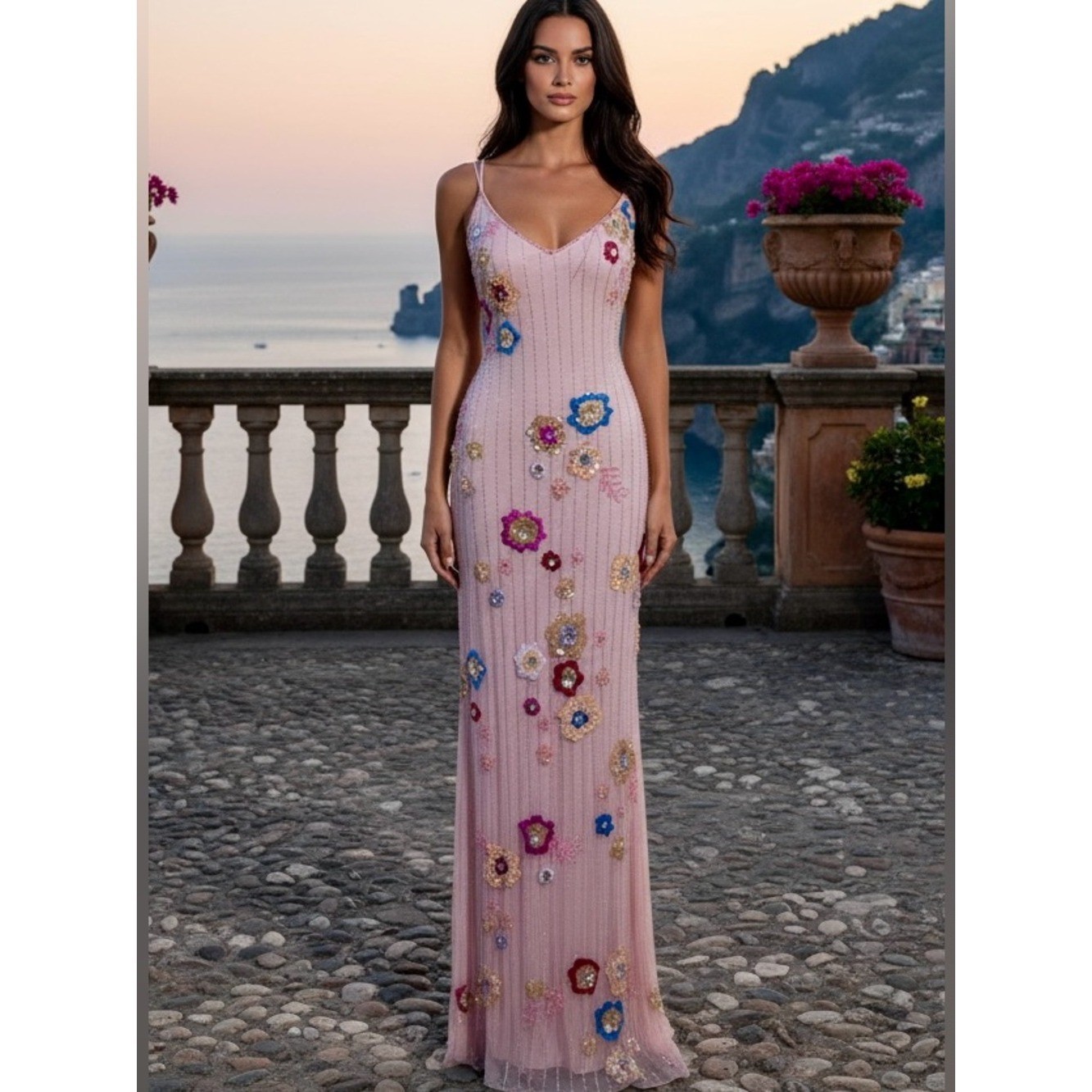 Sleeveless Pink hand beaded Floral with rhinestones Dress. On stretch fabric.