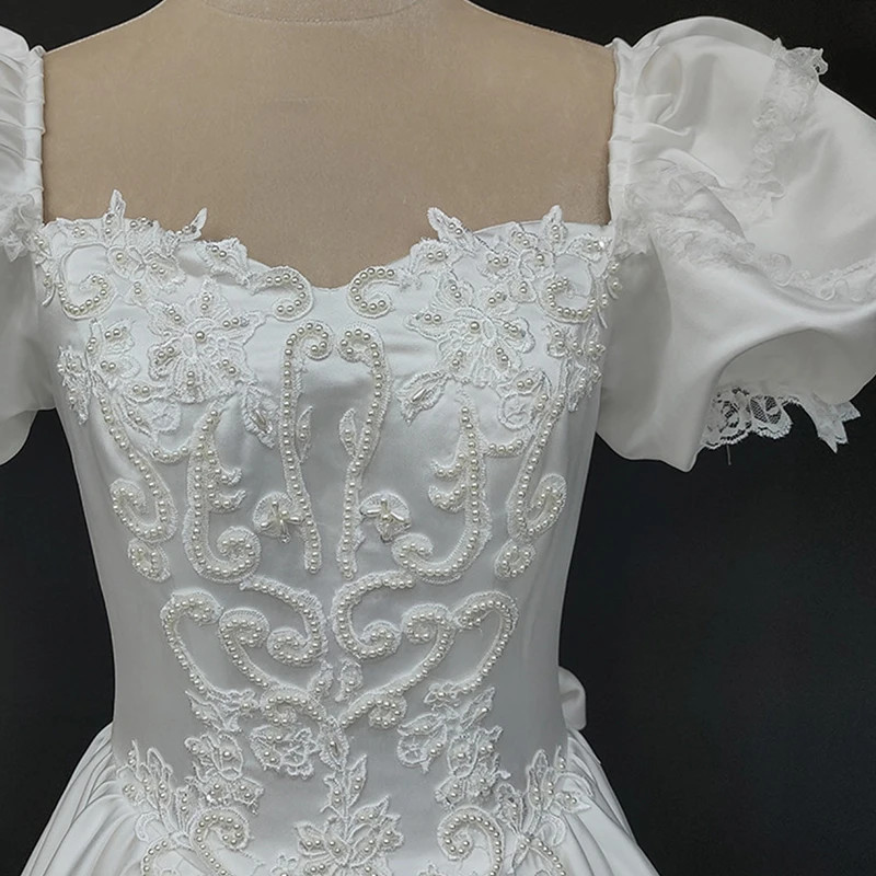 White Satin Pink Rose Flower Princess Sweetheart Puff Sleeve Ruffles Beading
