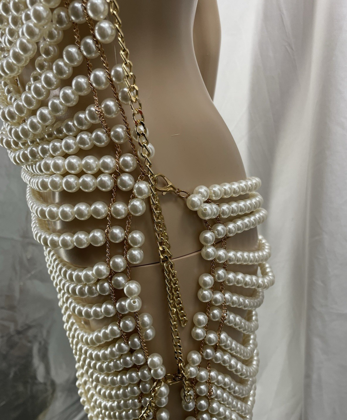 Beaded Metal Mesh Backless Pearl Dress Retro Sexy Fashion Body Chain Adjustable