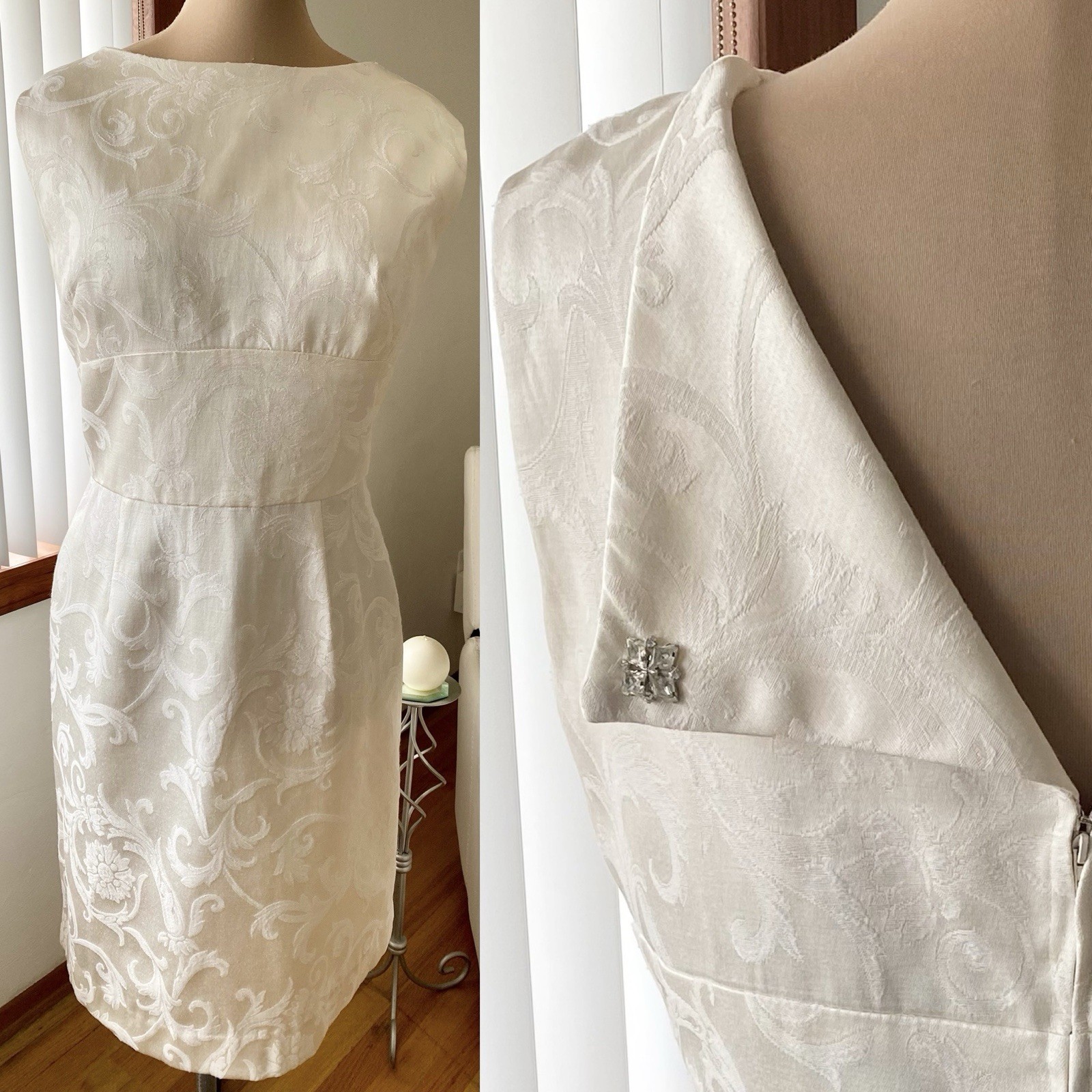 Vintage 50s-Inspired Sheath Wedding Dress 1X/2X Brocade Tea Length Wedding Gown