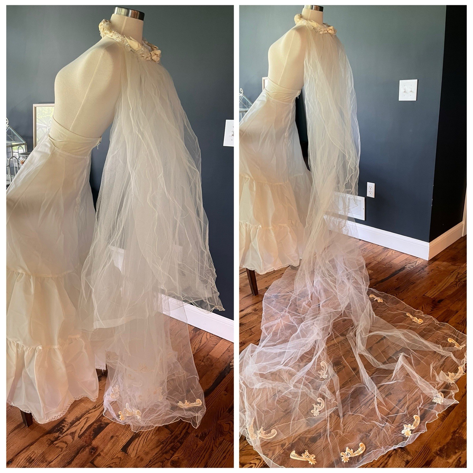 Vintage 80s White/Off White Wedding Dress, Petticoat and Veil
