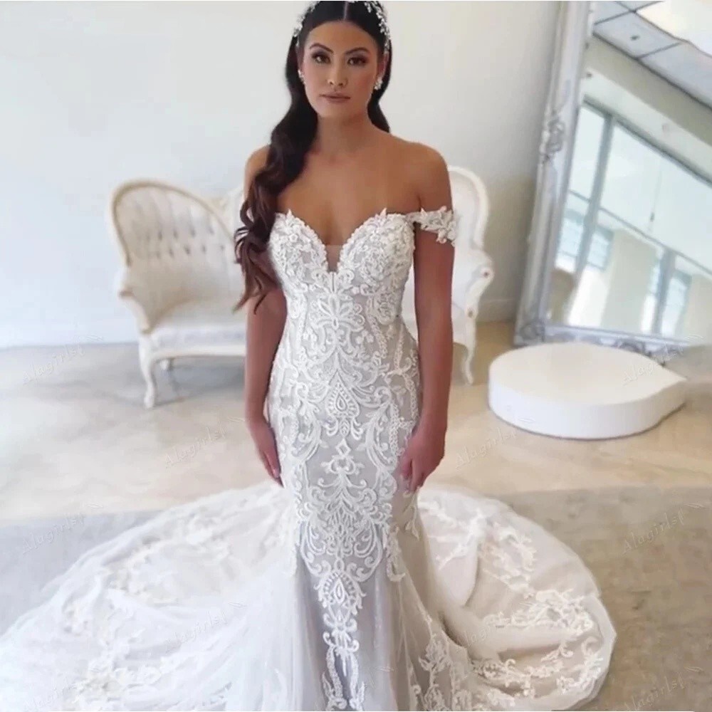 Mermaid Wedding Dresses Off Shloulder Sweep Train Elegant Beach Boho Bridal Gown