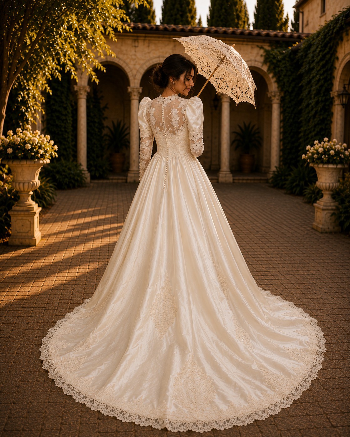 champagne Satin Lace Beaded Ball Gown Wedding Dress Square Neck Button Train