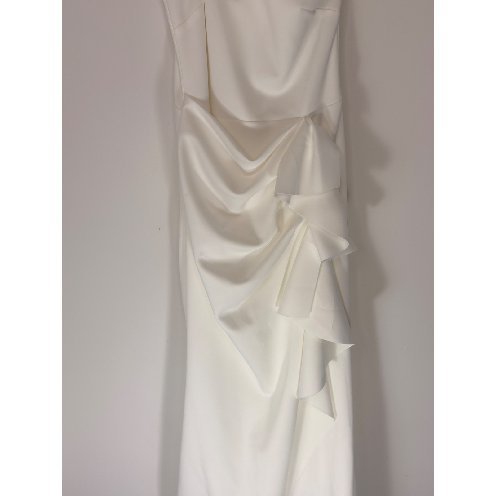 Xscape Maxi Dress Wedding Formal White One Shoulder Scuba Ruffle Dress Size 8