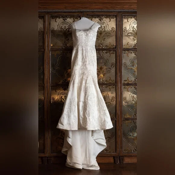 Oleg Cassini Ivory Satin and Beaded Wedding Gown (Price reduced)