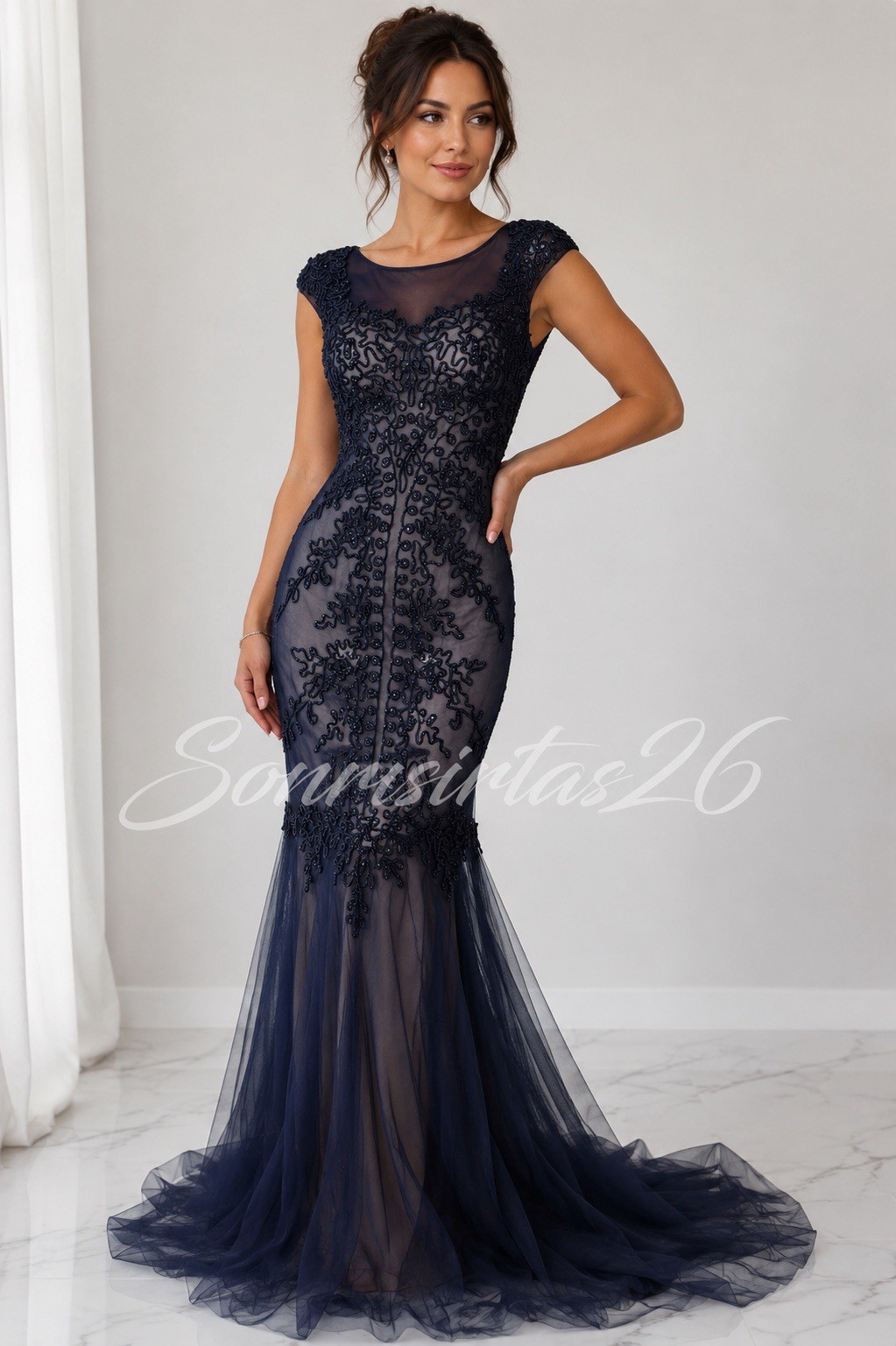 GLS by Gloria Navy Embellished Beaded Mermaid Gown Size S Formal Glam Princess