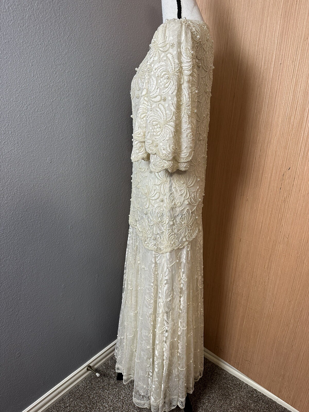 Laurence Kazar 80’s White Lace Heavily Beaded Pearl Wedding Dress, Size Medium
