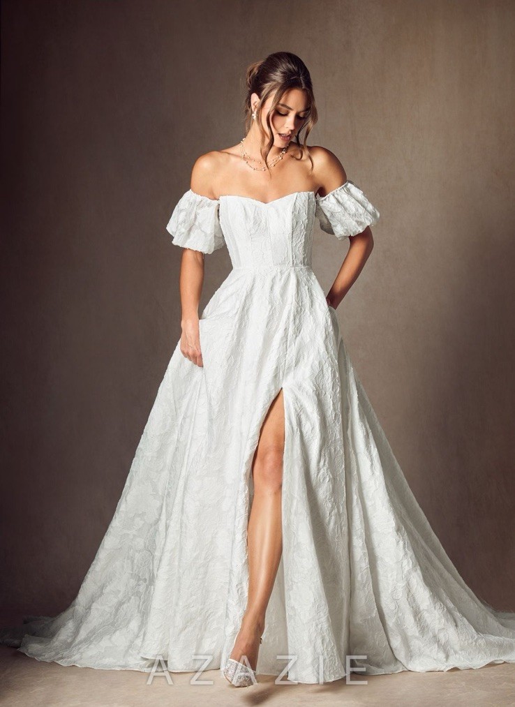 AZAZIE White Off-Shoulder Sweetheart A-Line Jacquard Train Corset Back