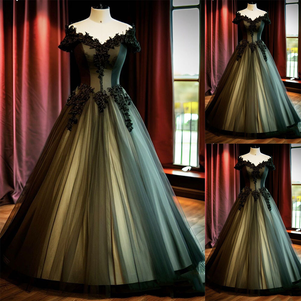 Gothic Wedding Dresses Off the Shoulder Black Green Lace Appliques Bridal Gowns