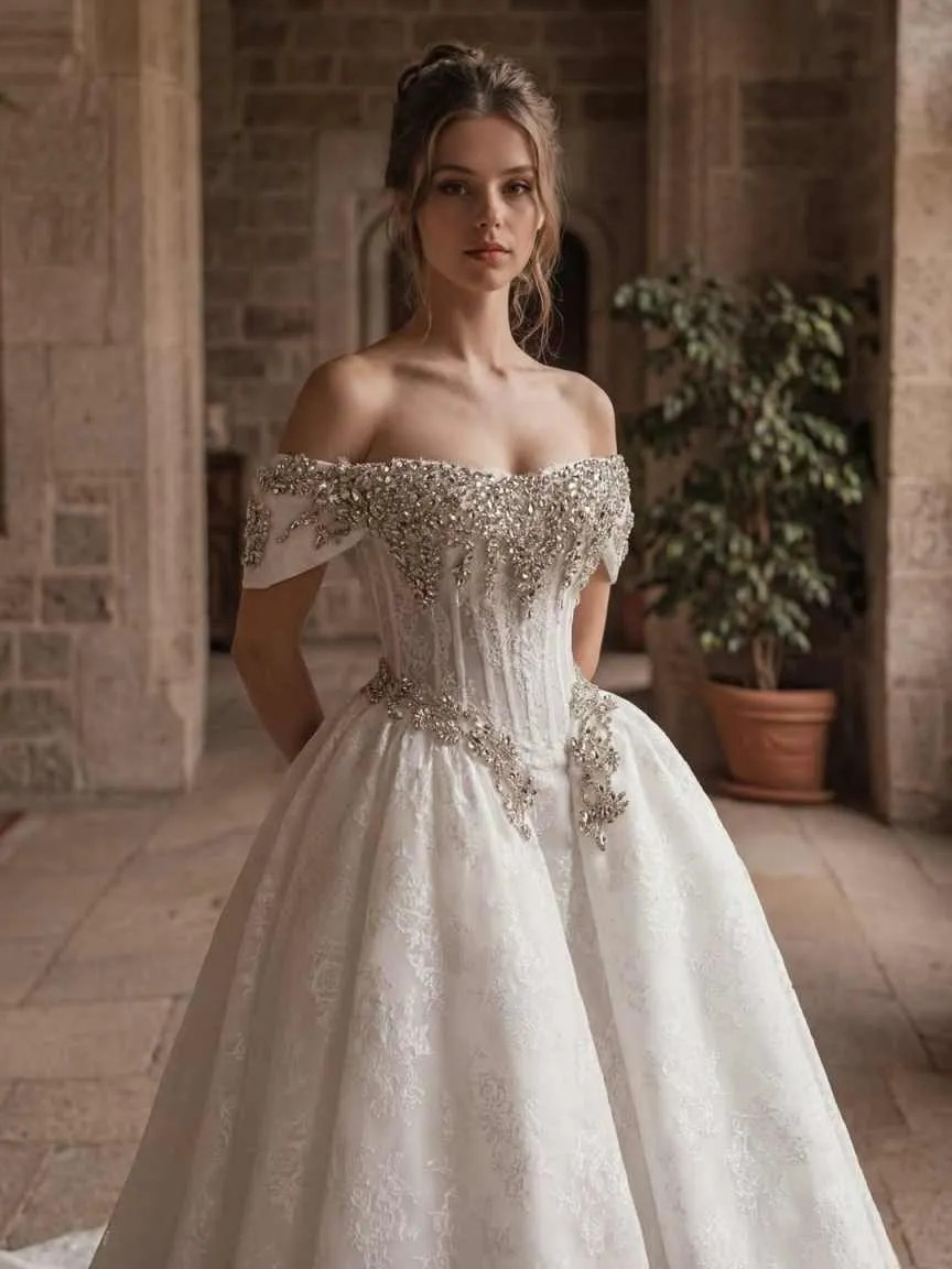 Luxury A-Line Wedding Dresses Off Shoulder Lace Crystals Appliques Brida Gowns