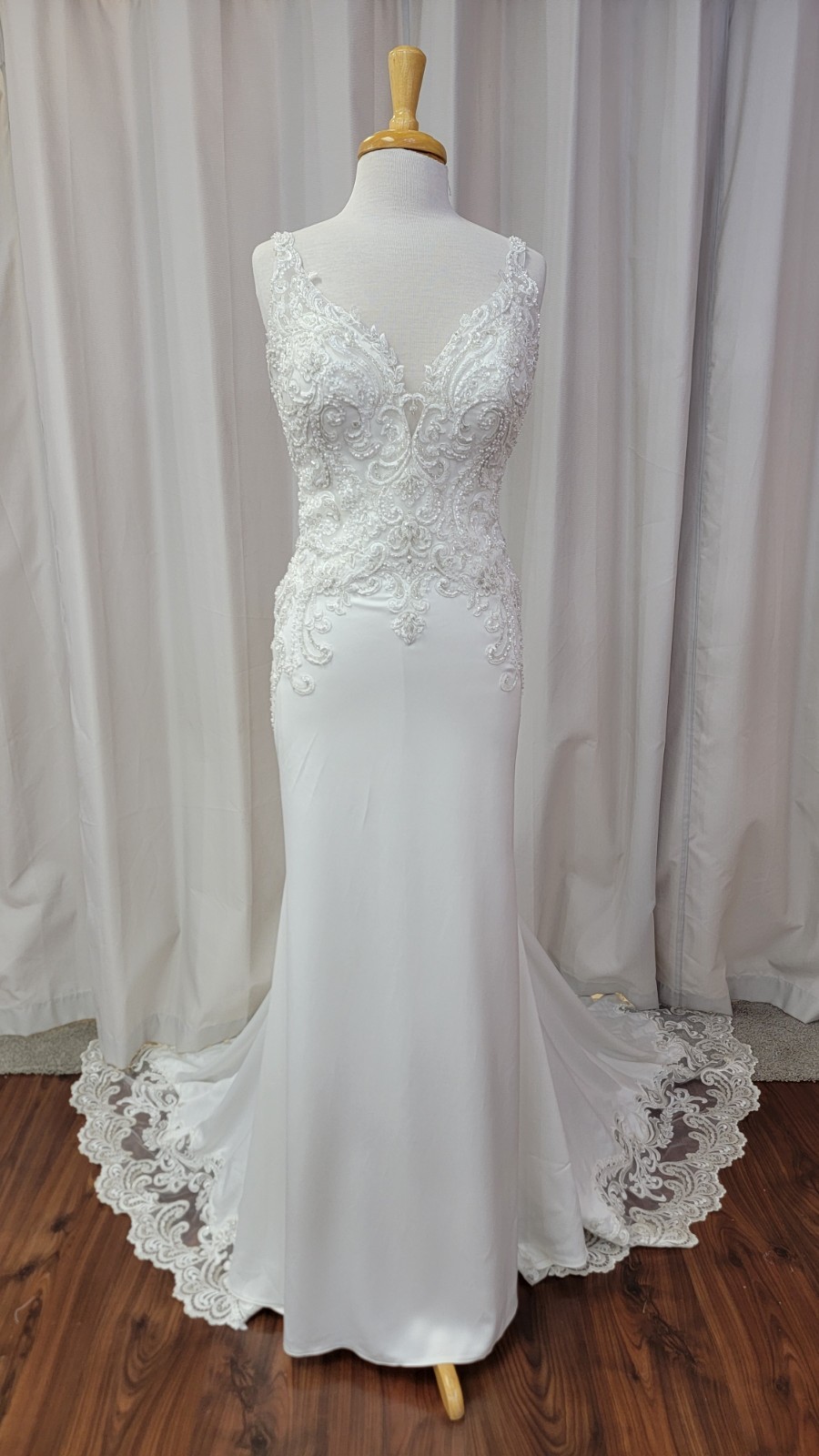 Morilee Bridal 2072L Raya Satin Fit and Flare Wedding Dress Lace Train Ivory