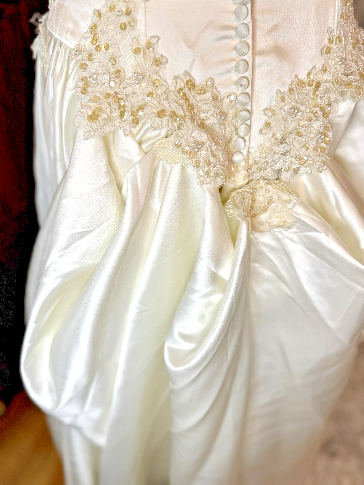 Vintage Alfred Angelo Off Shoulder Satin Wedding Dress Lace Train – Needs Repair
