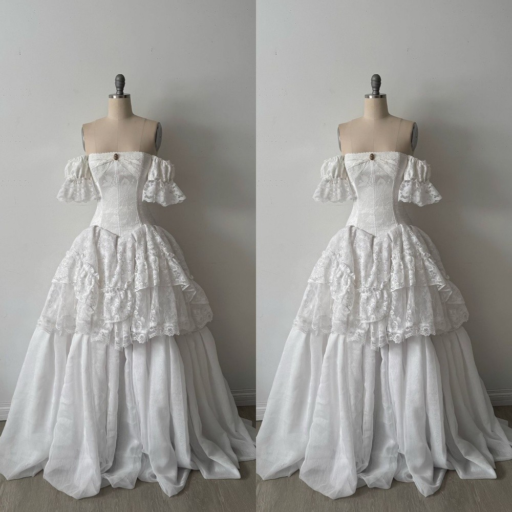 Vintage Wedding Dresses Off The Shoulder Ruffles Lace A Line Bridal Gowns
