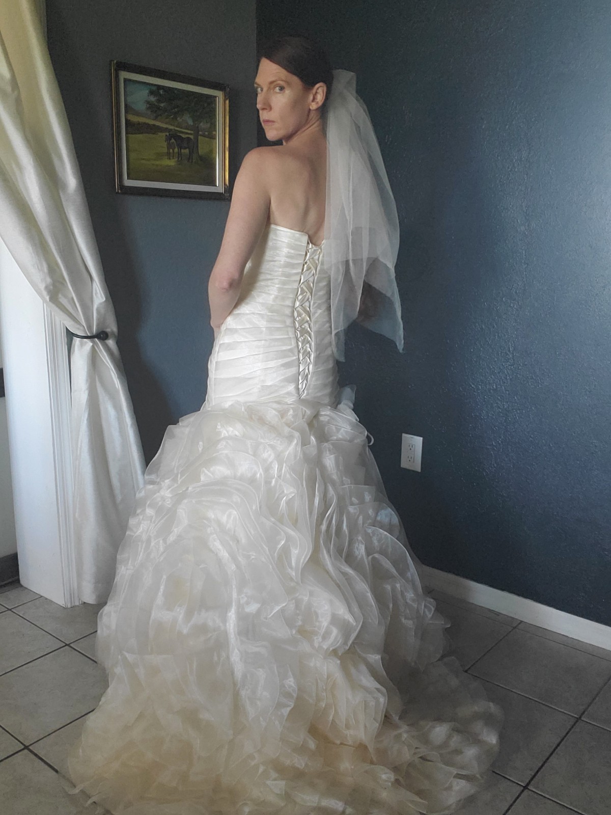 Champagne Wedding Dress Gown Corset Tulip Mermaid Trumpet Ruffles Tulle OOAK