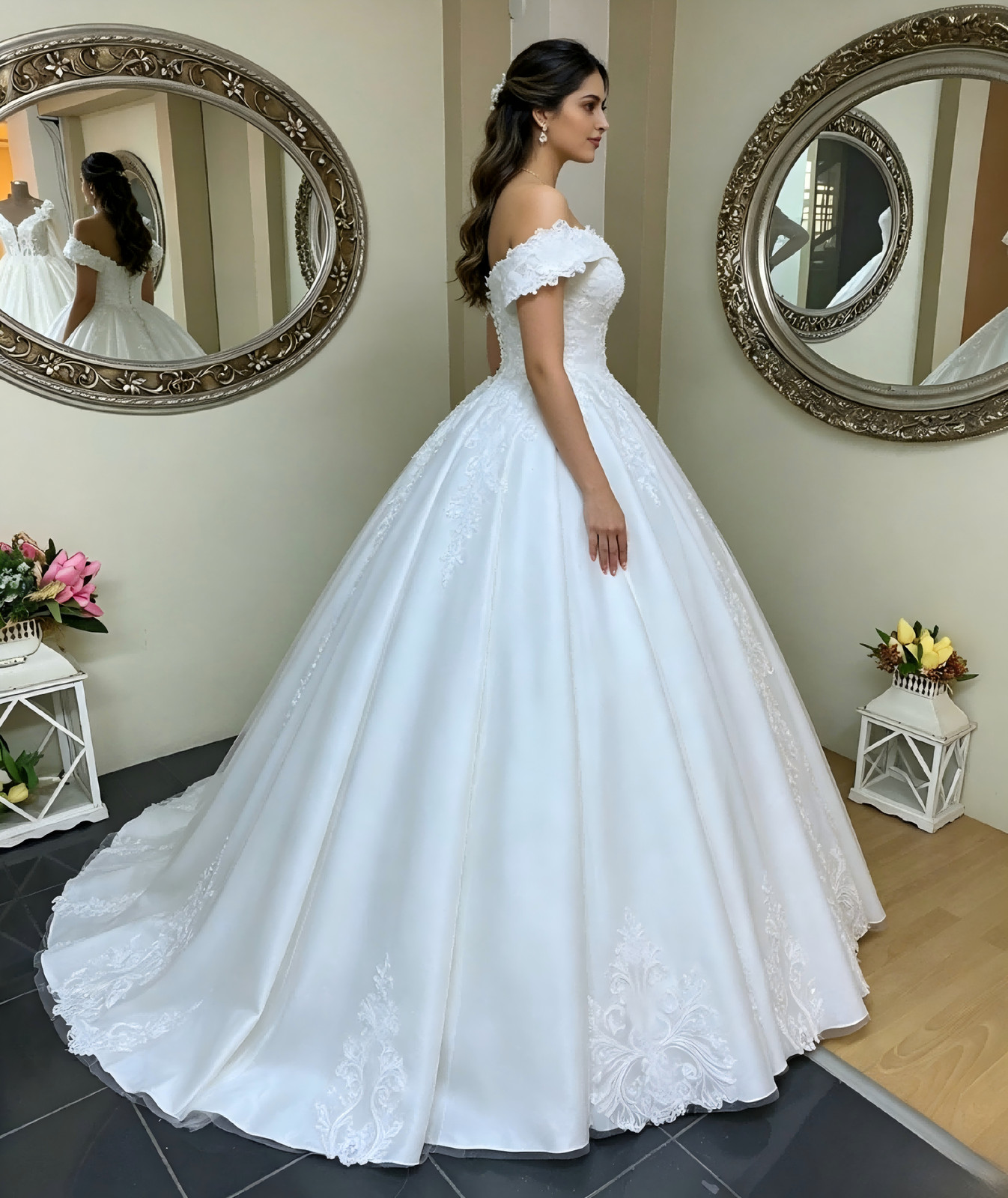 Off Shoulder Sweetheart Lace Satin Ballgown Luxury Wedding Dresses Long Train