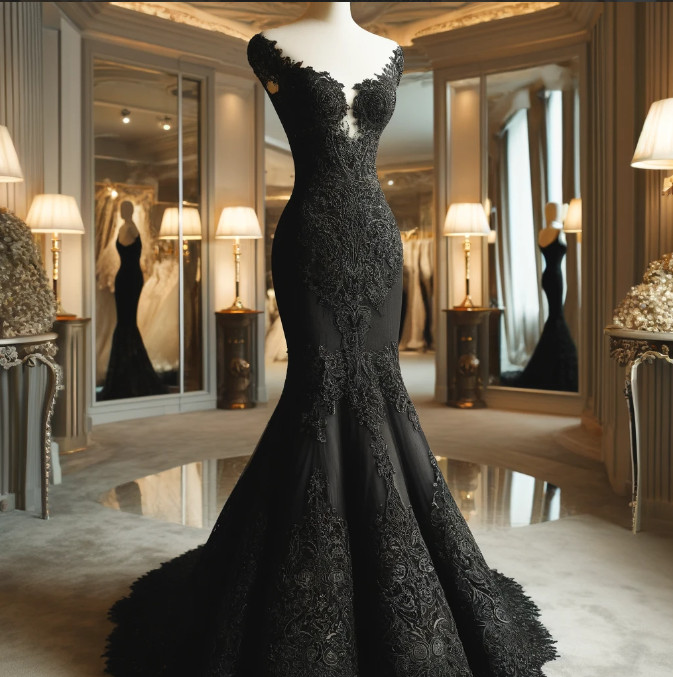 Gothic Black Mermaid Wedding Dresses Lace Appliques Off Shoulder Deep V Neck