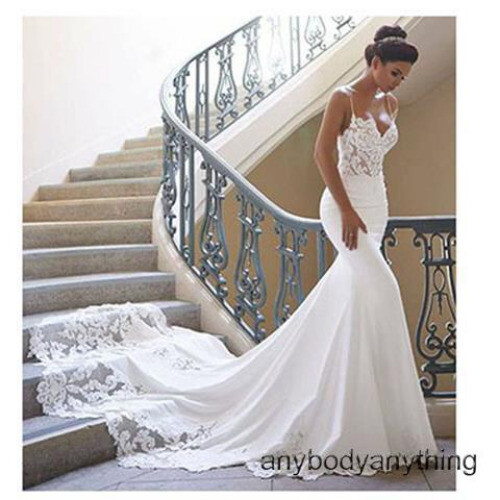 Spaghetti Strap Wedding Dresses Mermaid Train Bridal Gown Lace Satin White Ivory