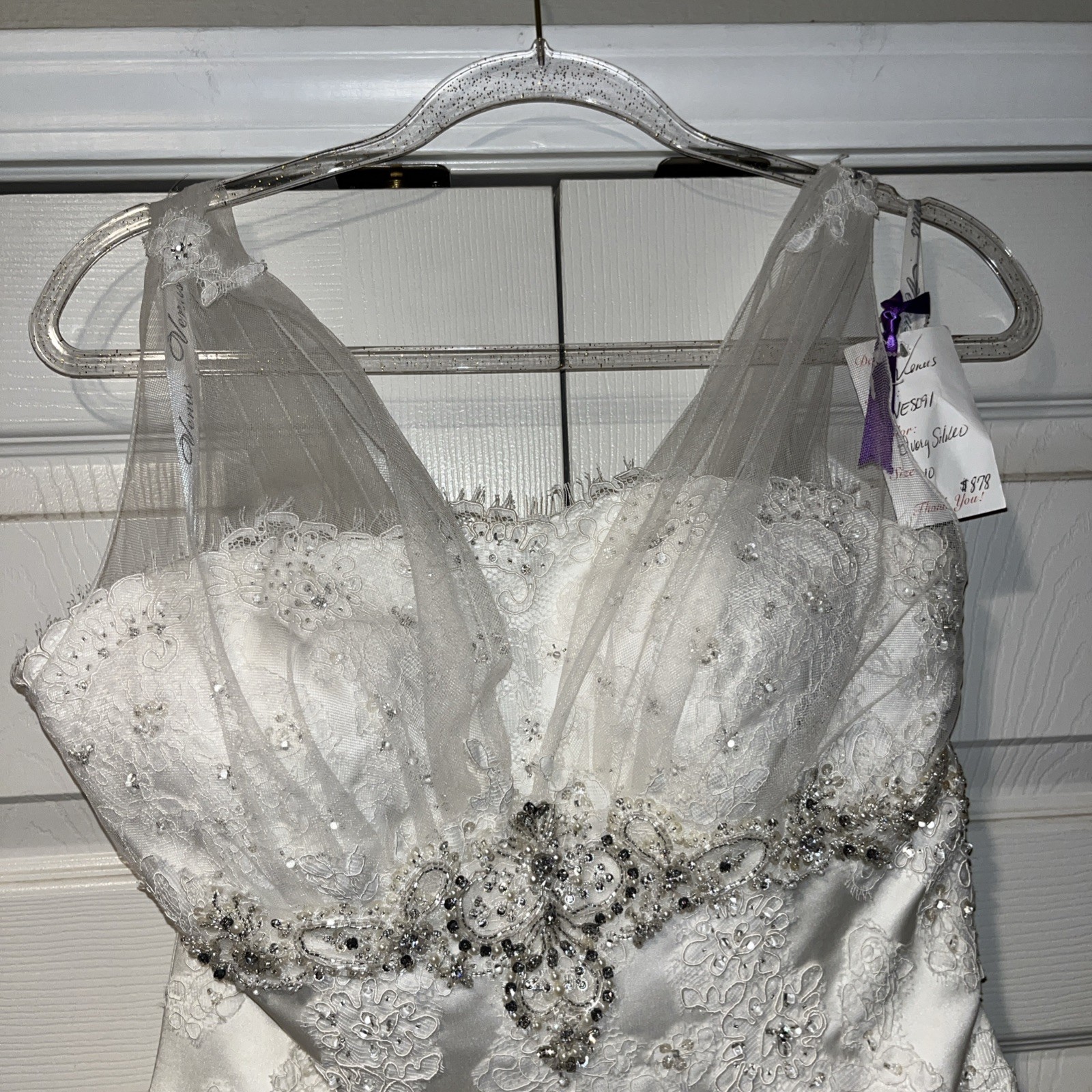 Elegant Wedding Dress With Train By Venus Lace & Rhinestone Size 10 Ivory Silver