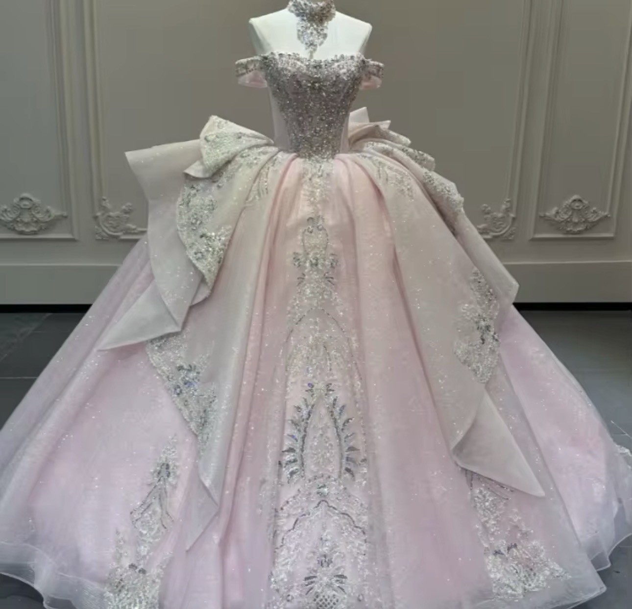 Handmade Light Pink Off Shoulder Lace Ball Gown Full-Length Dress Beading Corset