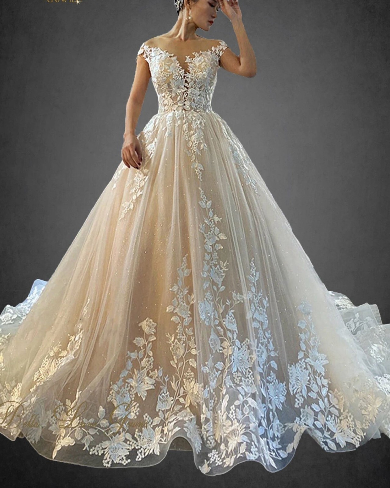 Blush Champagne Beaded Lace Wedding Dress Bridal Gown Custom made Glitter Tulle