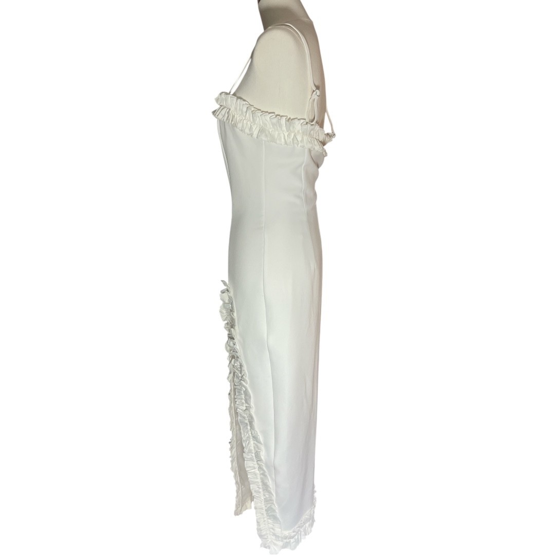 PrettyLittleThing White Ruffle Trim Midi Dress NWT Size 4 Romantic Slit Bodycon