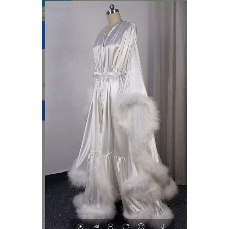 🎀Satin Long Robe for Women Fluffy Fur Trim Bridal Lingerie Nightgown Plus Size