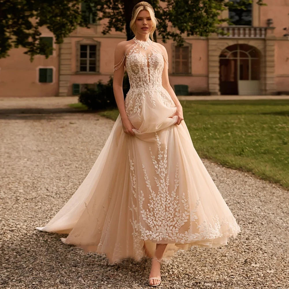 Champagne Wedding Dresses V Neck Customized Sleeveless Bride Gown