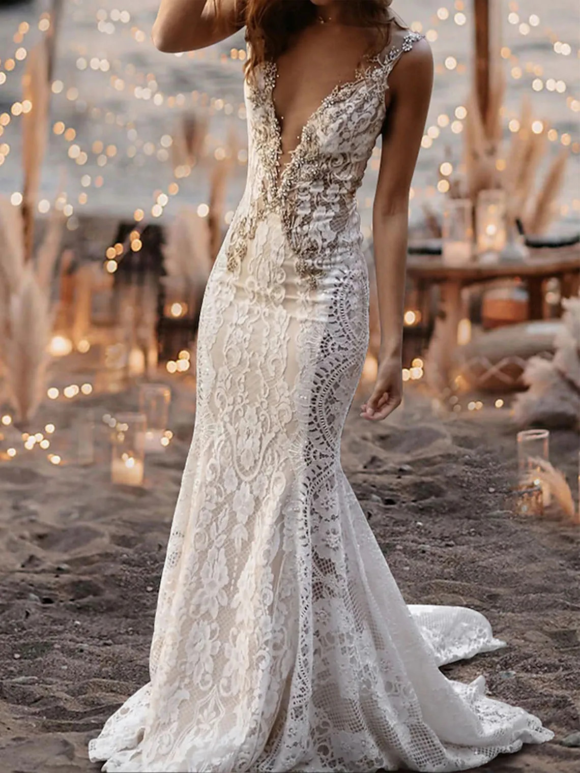 Backless Bohemian Wedding Mermaid Applique V-Neck Sleeveless Lace Bridal Gown