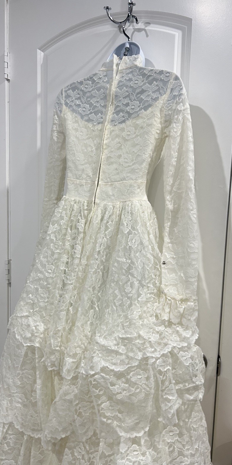 Ivory Lace Long Sleeve High Neck A-Line Wedding Dress with Beading and Ruffles