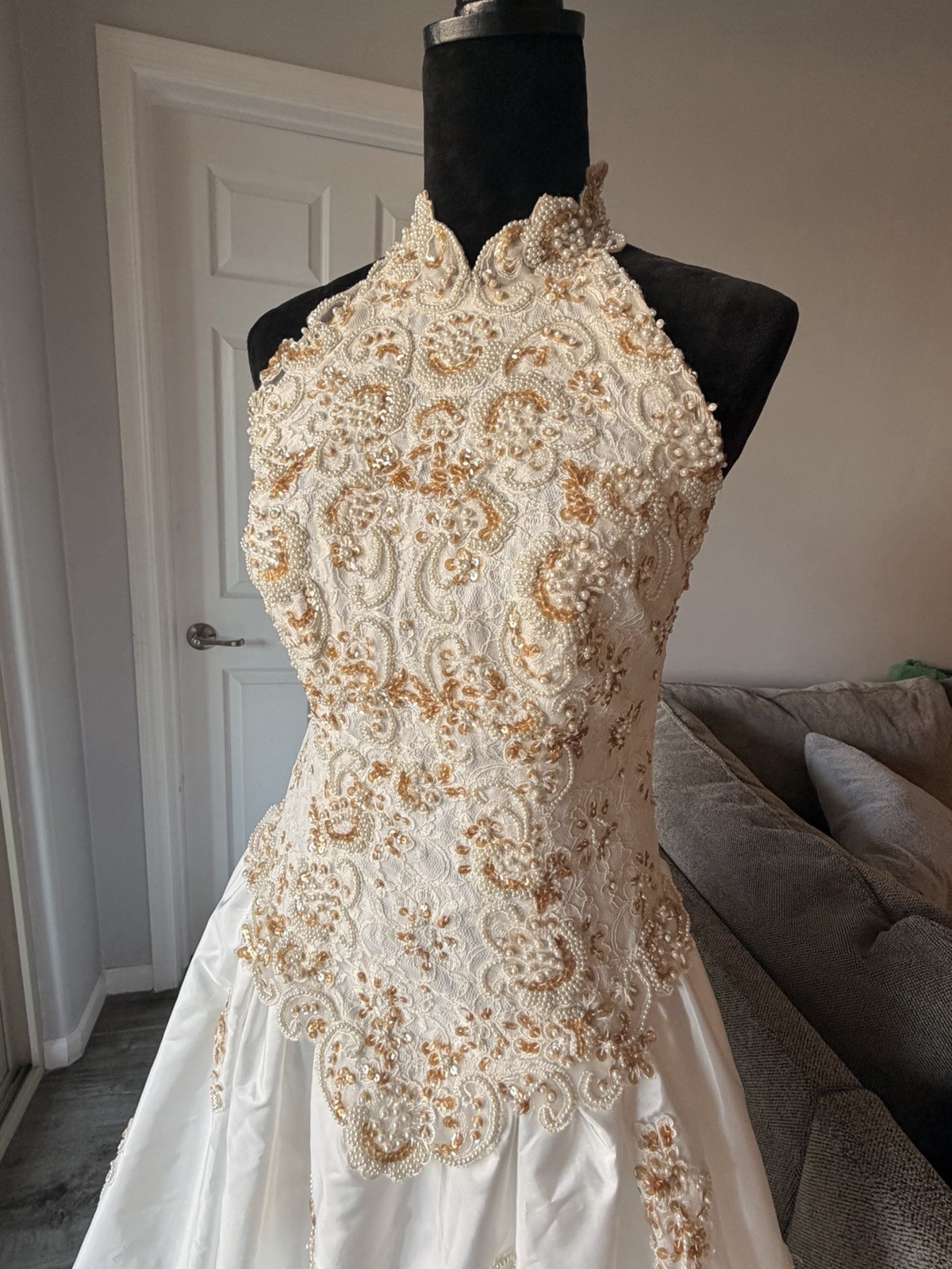 S.L. Fashions White Gold Beaded Embroidered Halter A-Line Wedding Dress Size