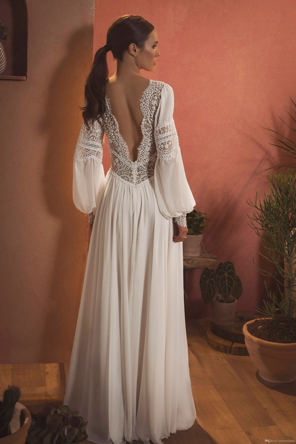 Boho A Line Wedding Dresses Backless V Neck Lace Appliqued Chiffon Bridal Gowns