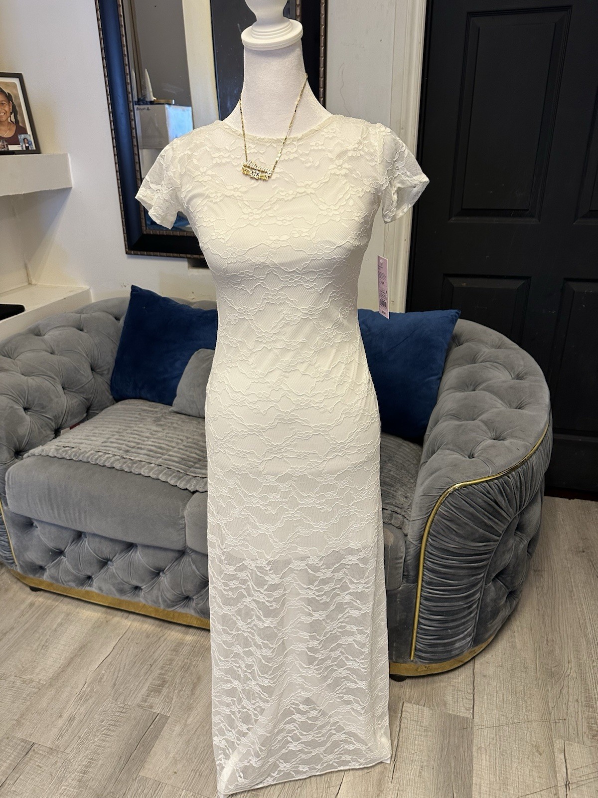 Wild Fable Off-White Lace Cap Sleeve Square Neck Sheath Gown Dress XXS