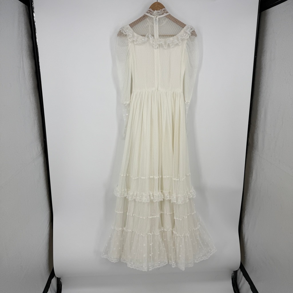Vintage 70’s Tiered Lace High Neck Wedding Dress Ivory Handmade Boho size S