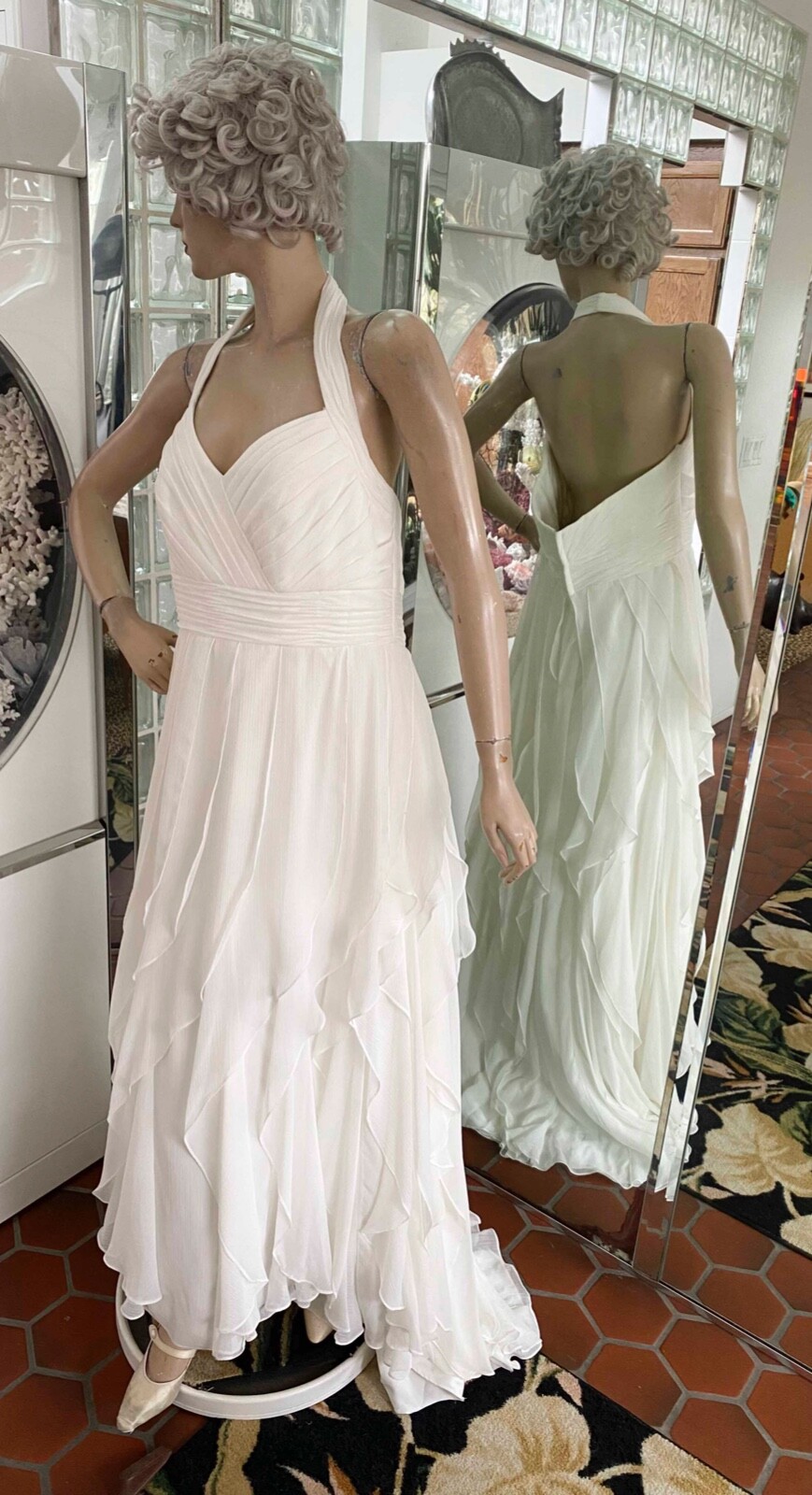 Galina Tiered Ruffles Halter Ivory White Maxi Gown Dress Size 16W