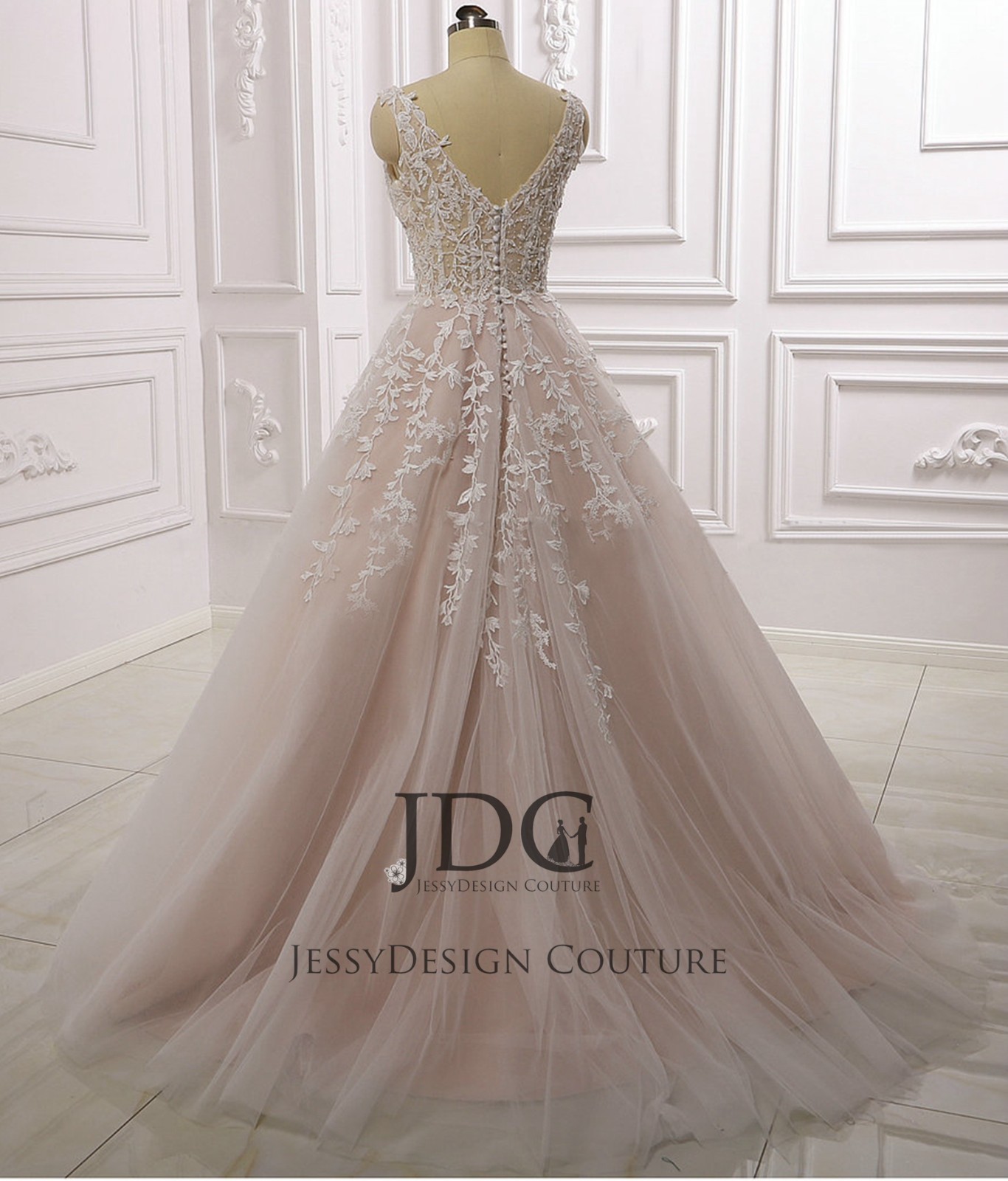Ivory Pink Lace Wedding Dress Bridal Gown Beaded 32-60 Plus Size Strappy Buttons