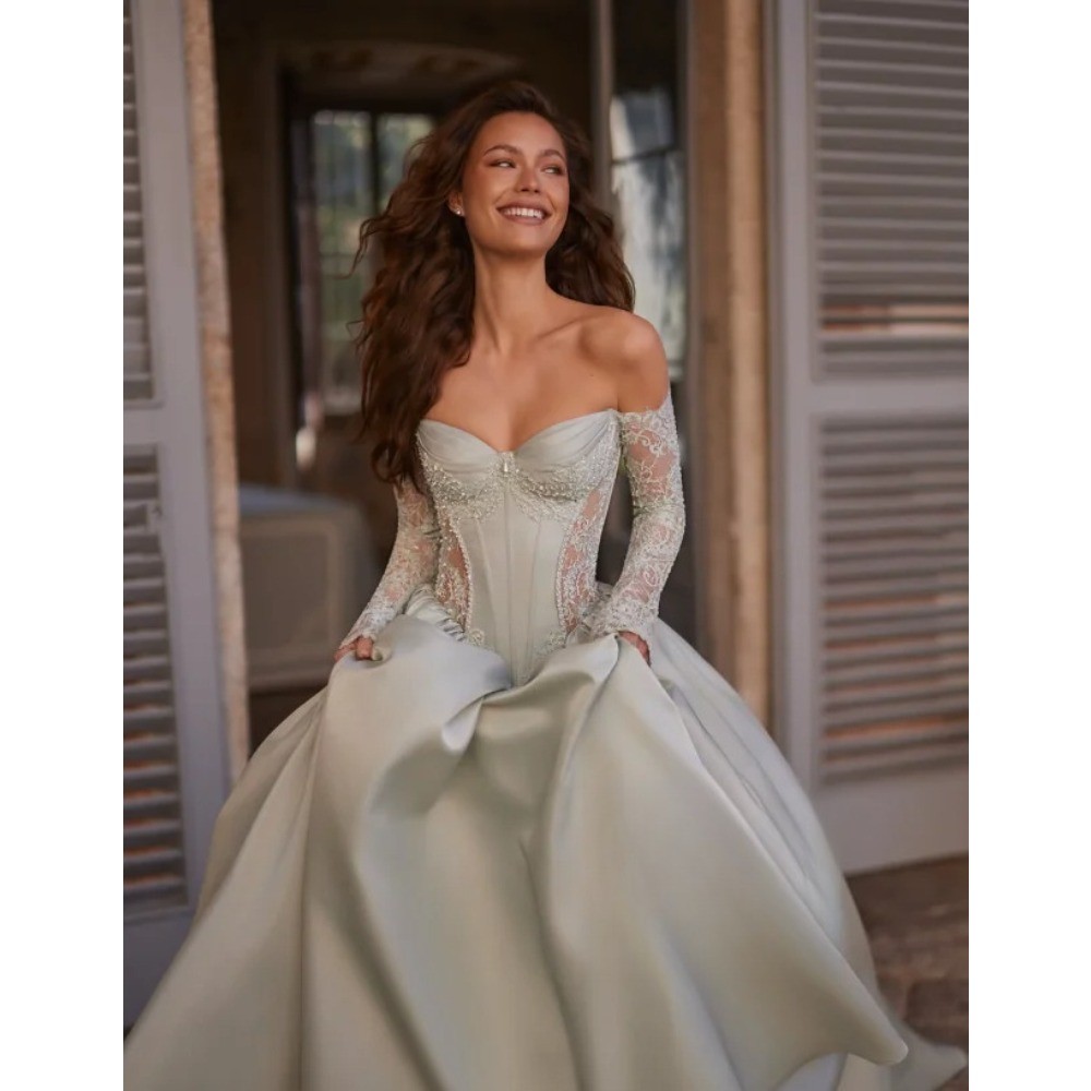 Dusty Green Corset Bridal Gown Off Shoulder Long Lace Sleeve Satin Wedding Dress