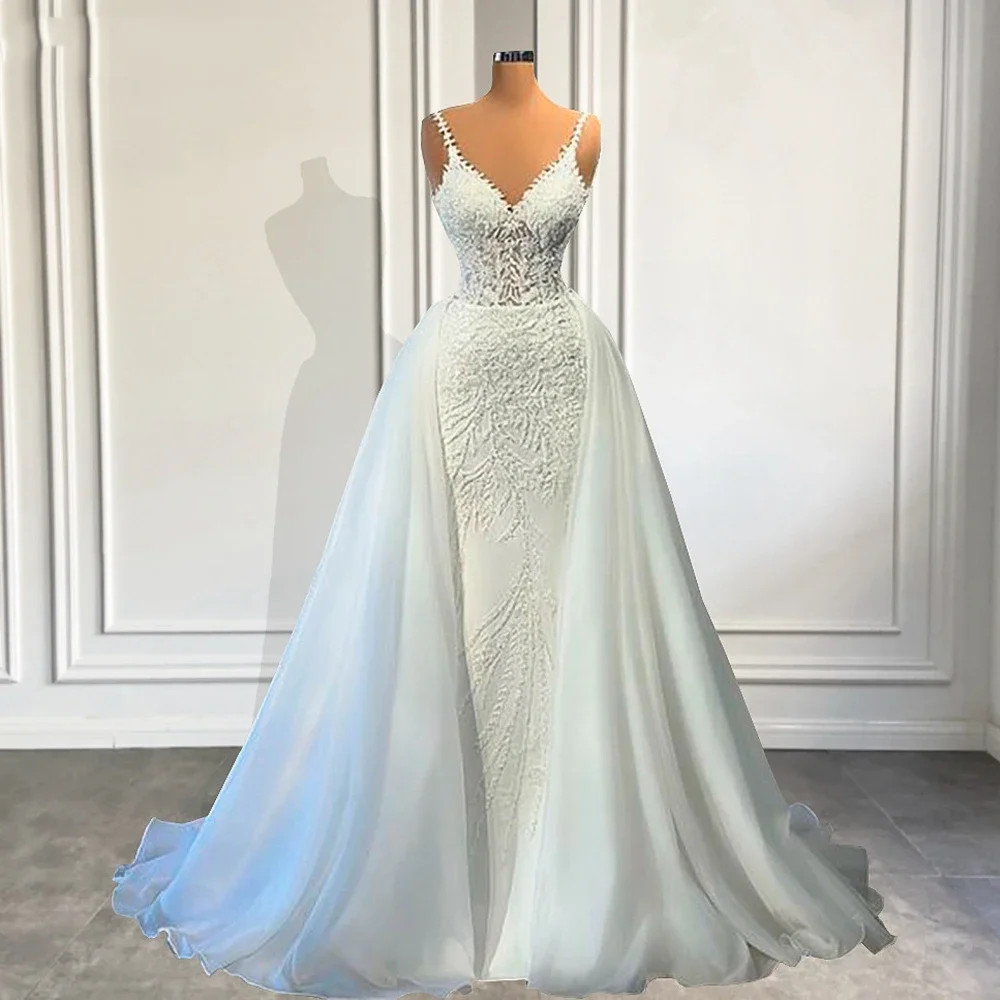 Customized V Neck Mermaid Lace Wedding Dresses Sleeveless Illusion Beaded Satin