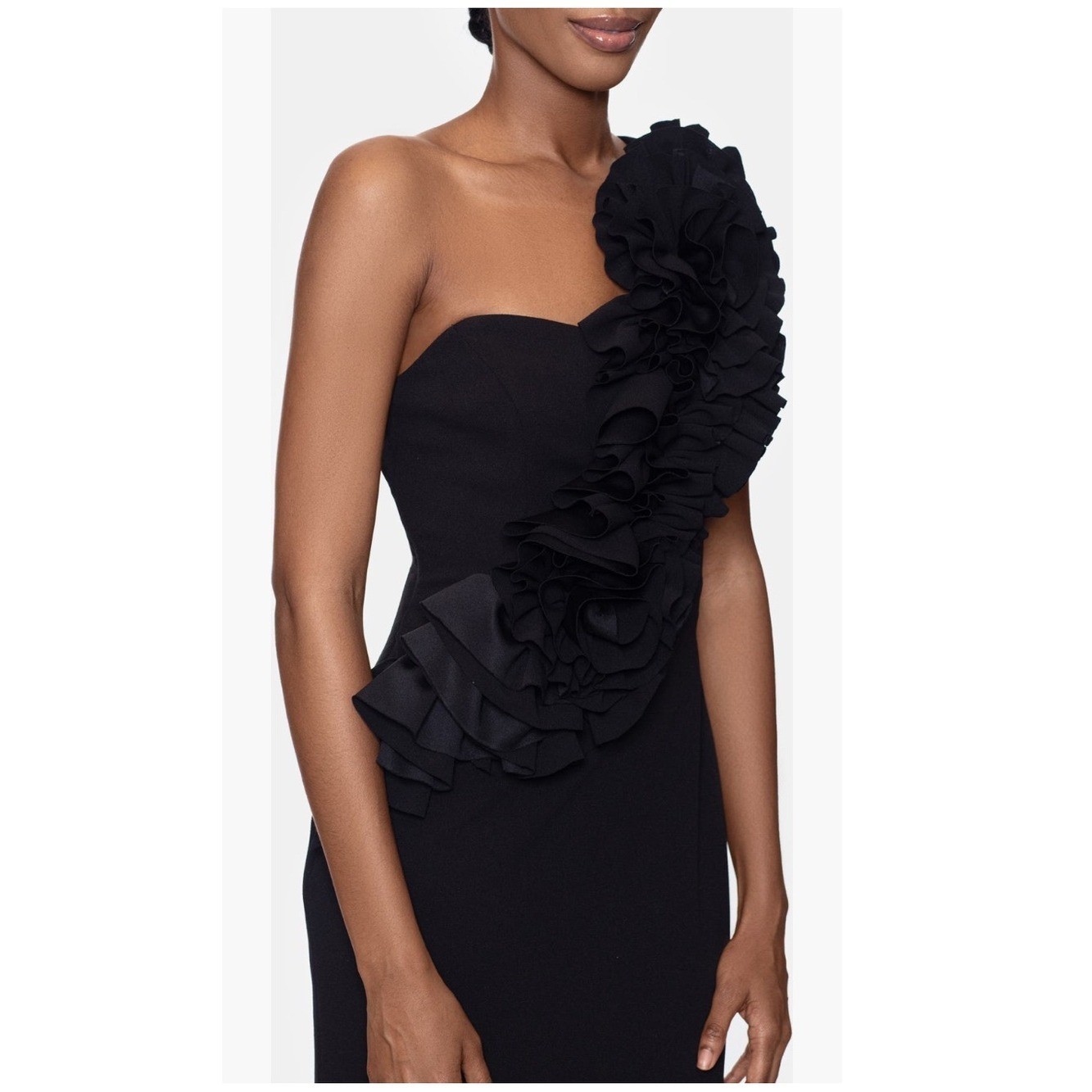 Betsy & Adam Rosette One Shoulder Trumpet Gown, Black, Size 12, NWT