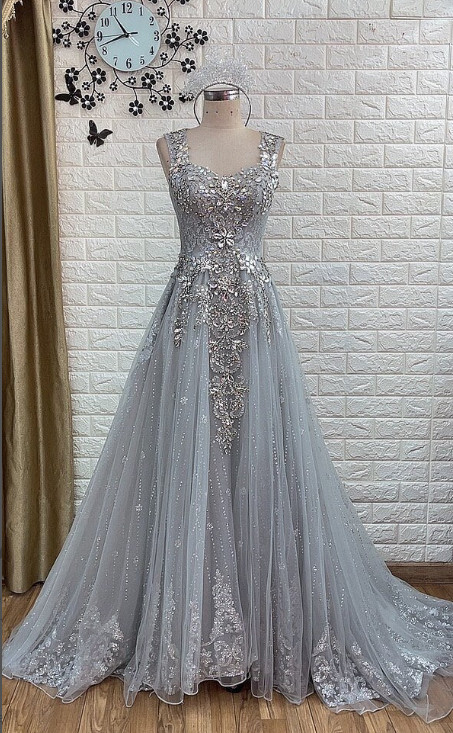 Princess Gray Blue Luxury Wedding Dresses Beaded A Line Glitters Bridal Gowns