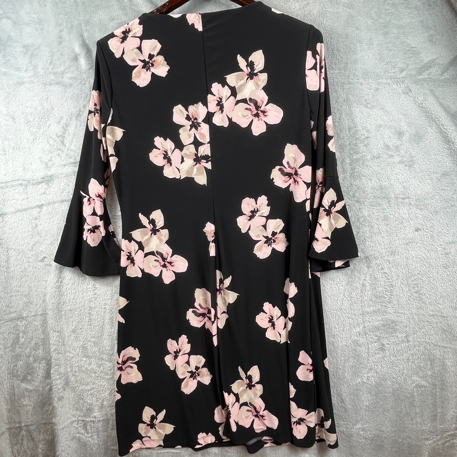 Black Pink Floral Shift Dress Size 12 Bell Sleeve Wedding Guest Cottagecore