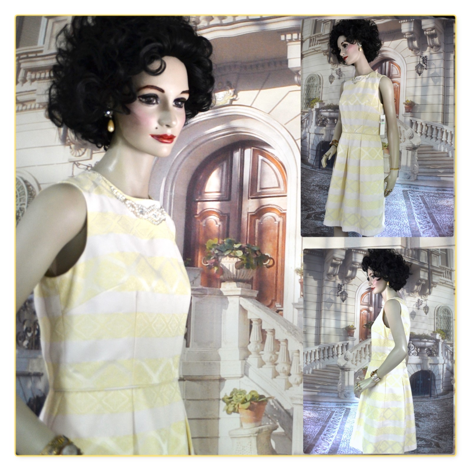 Maggy London Dress Size 8 Yellow White Brocade w/ Pearls Rhinestones New W/ Tags