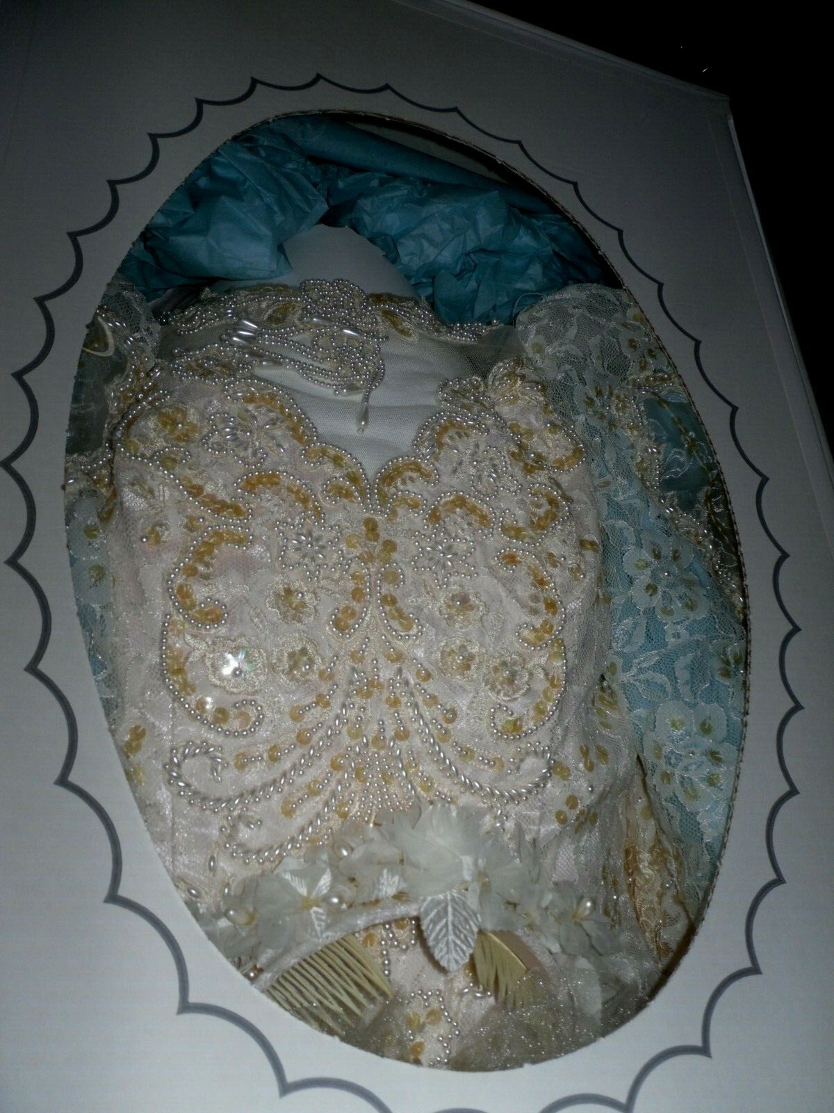 White With Pink, Lace & Beaded Long Sleeve Satin Wedding Dress From the 90’s