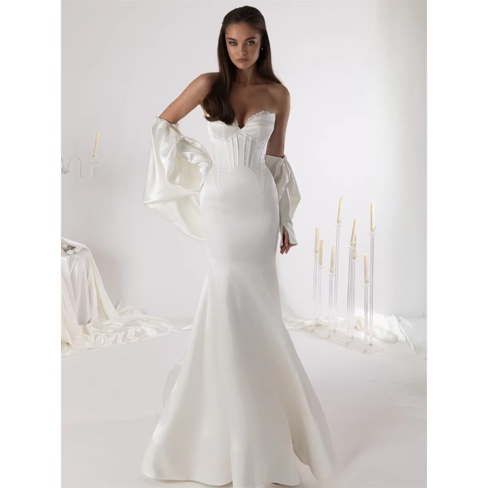 Vintage Satin Wedding Dresses Sweetheart Corset Waist Detachable Sleeve Gowns