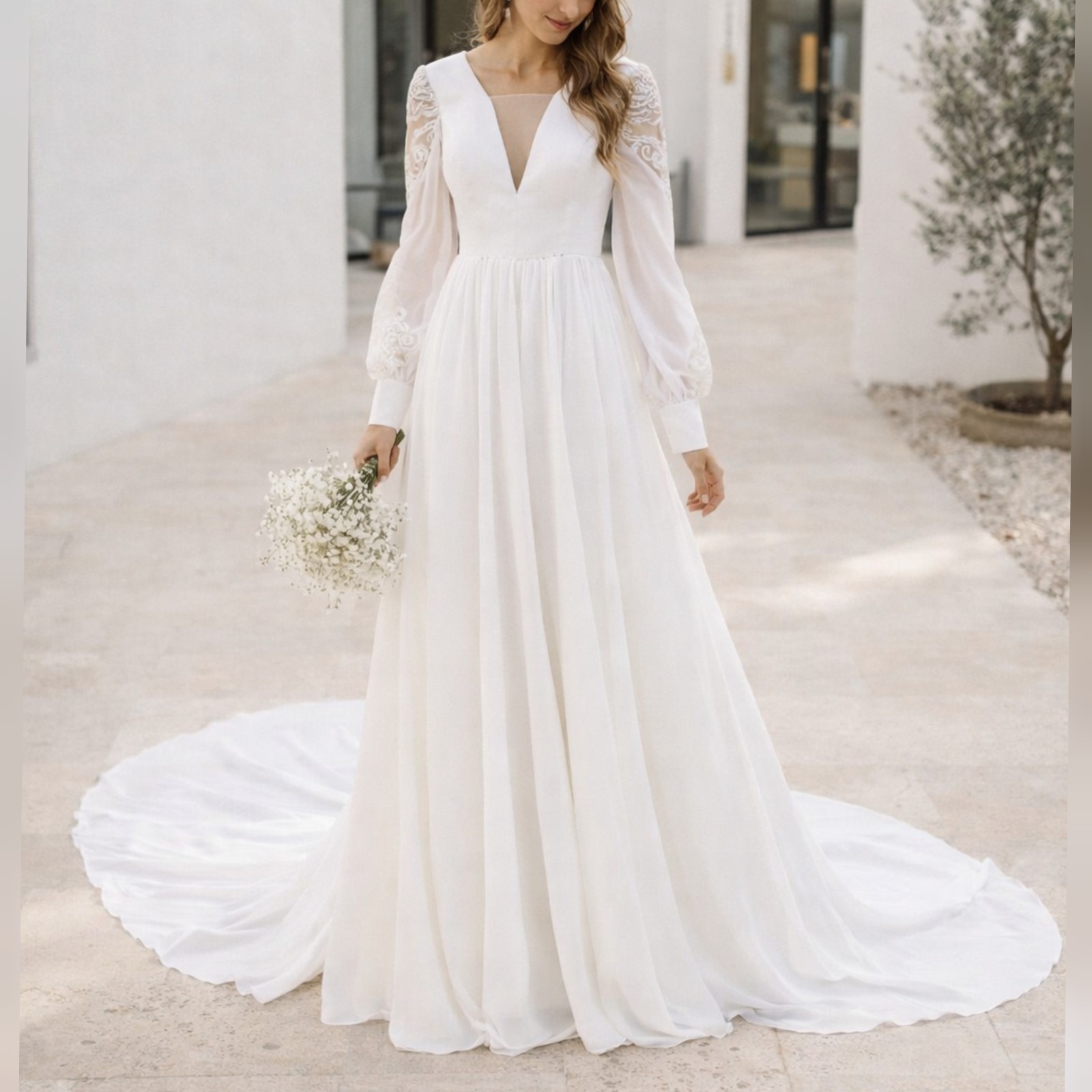 Unbranded Bishop Sleeve Sequin Plunge Chiffon V Neck White Wedding Dress sz 6