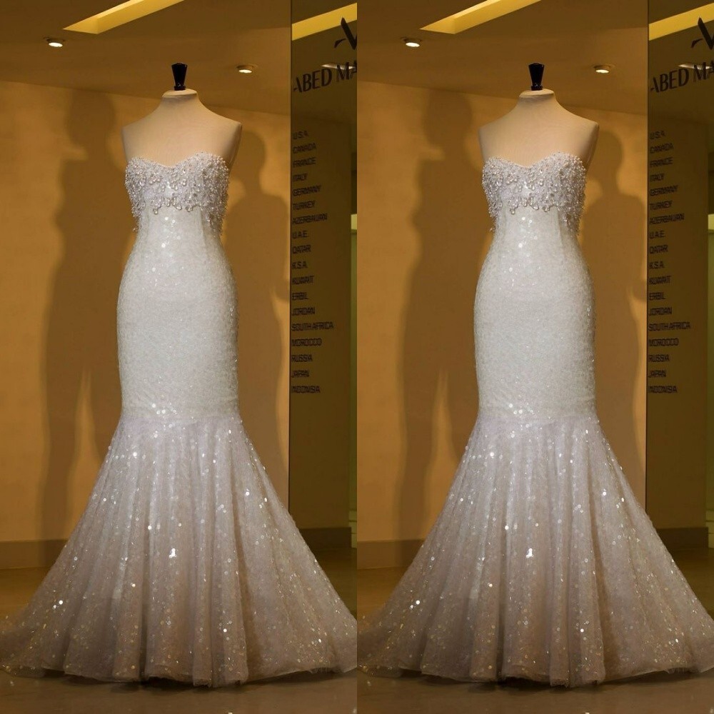 Shiny Mermaid Wedding Dresses Strapless Beading Sequin Glitter Bridal Gowns
