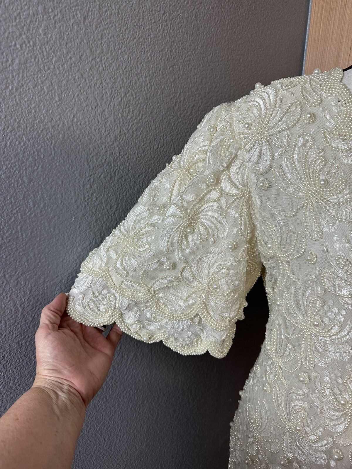 Laurence Kazar 80’s White Lace Heavily Beaded Pearl Wedding Dress, Size Medium